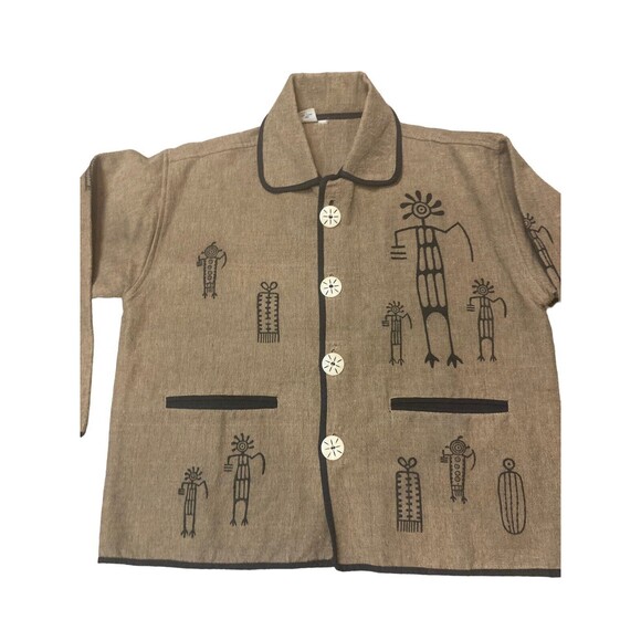Venus Imports shacket top hieroglyphics large white buttons Nepal brown black - Picture 3 of 16